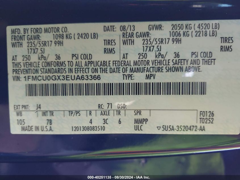 1FMCU0GX3EUA63366 2014 Ford Escape Se