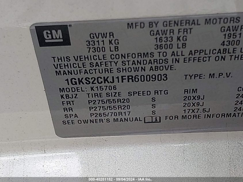 2015 GMC Yukon Denali VIN: 1GKS2CKJ1FR600903 Lot: 40251152