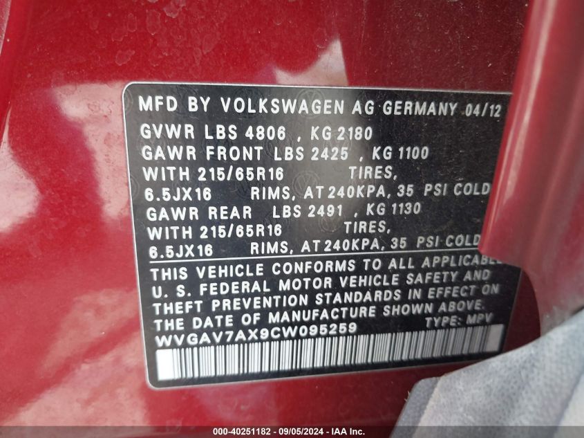 WVGAV7AX9CW095259 2012 Volkswagen Tiguan S