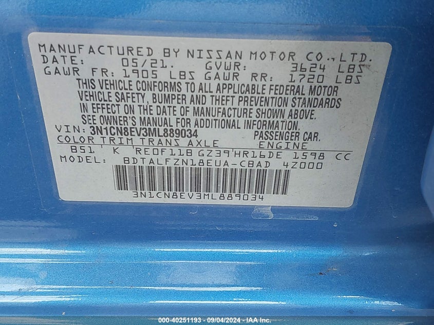 2021 NISSAN VERSA SV - 3N1CN8EV3ML889034