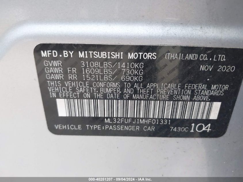 ML32FUFJ1MHF01331 2021 Mitsubishi Mirage G4 Carbonite Edition/Es/Le