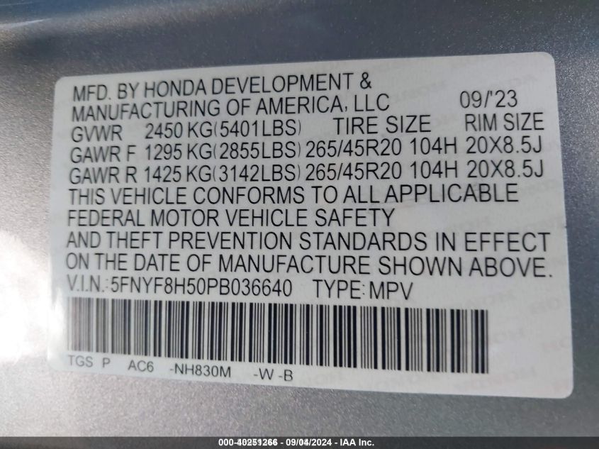 2023 Honda Passport Awd Ex-L VIN: 5FNYF8H50PB036640 Lot: 40251266