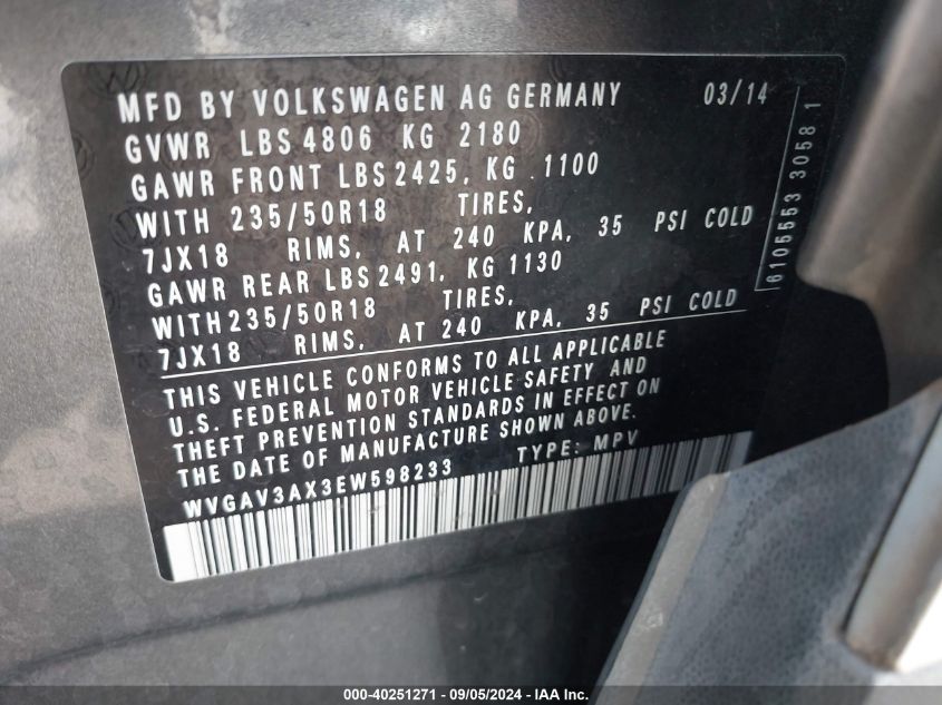 WVGAV3AX3EW598233 2014 Volkswagen Tiguan Se