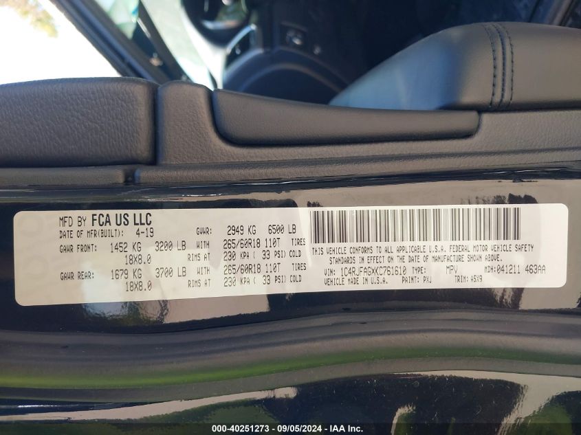 VIN 1C4RJFAGXKC761610 2019 JEEP GRAND CHEROKEE LAREDO