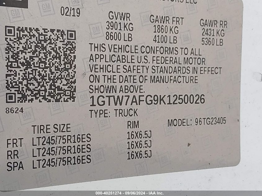 1GTW7AFG9K1250026 2019 GMC Savana 2500 Work Van