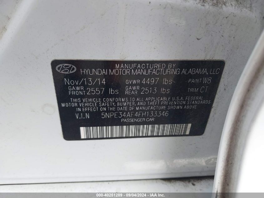 2015 Hyundai Sonata Sport/Limited VIN: 5NPE34AF4FH133346 Lot: 40251289