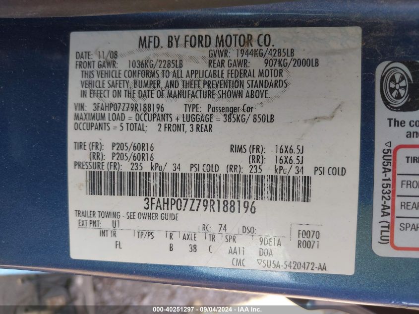 2009 Ford Fusion Se VIN: 3FAHP07Z79R188196 Lot: 40251297