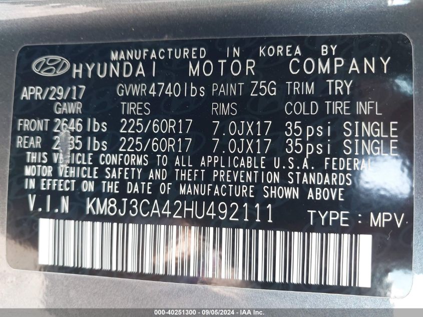 KM8J3CA42HU492111 2017 Hyundai Tucson Se Plus