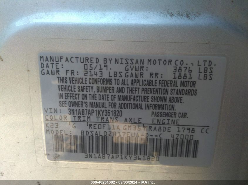 VIN 3N1AB7AP1KY361820 2019 NISSAN SENTRA SV