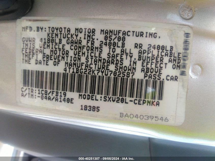 4T1BG22K7YU702587 2000 Toyota Camry Ce/Le/Xle