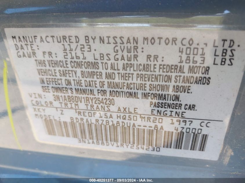 2024 Nissan Sentra Sr Xtronic Cvt VIN: 3N1AB8DV1RY254230 Lot: 40251377