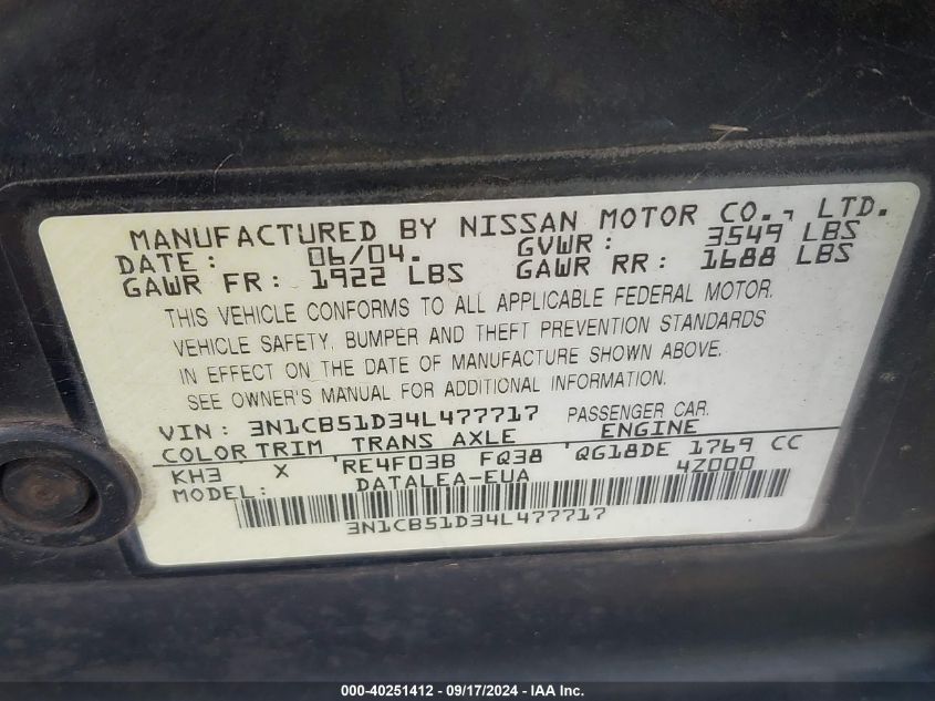 3N1CB51D34L477717 2004 Nissan Sentra 1.8S