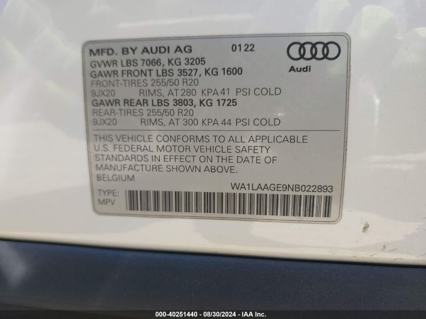 2022 Audi E-Tron Premium Plus Quattro VIN: WA1LAAGE9NB022893 Lot: 40251440