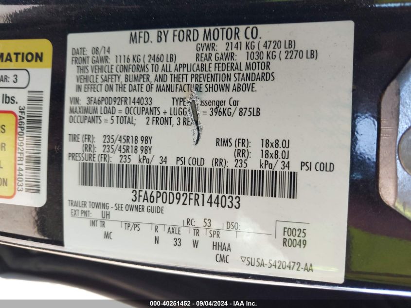 2015 FORD FUSION TITANIUM - 3FA6P0D92FR144033