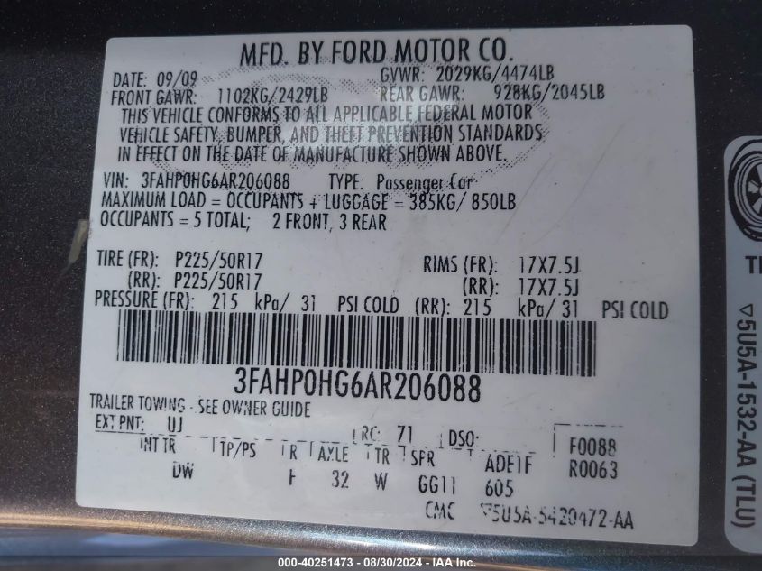 2010 Ford Fusion Se VIN: 3FAHP0HG6AR206088 Lot: 40251473