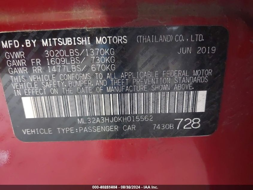 2019 Mitsubishi Mirage Rf VIN: ML32A3HJ0KH015562 Lot: 40251484