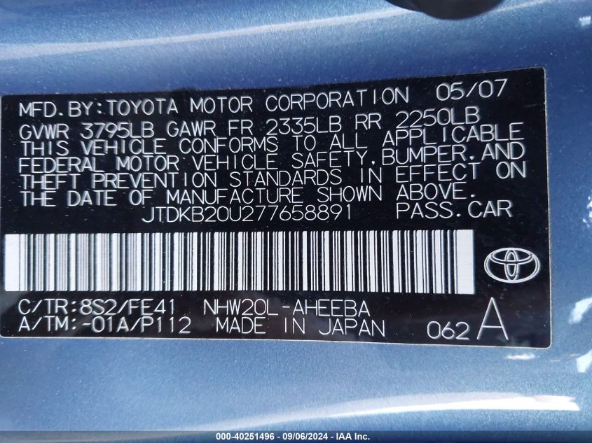 2007 Toyota Prius VIN: JTDKB20U277658891 Lot: 40251496