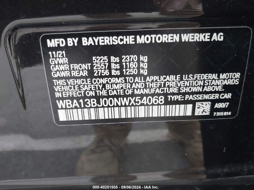 WBA13BJ00NWX54068 2022 BMW 530 Xi