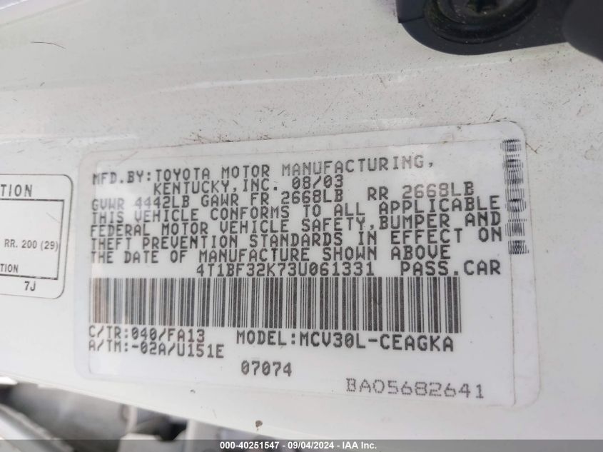 4T1BF32K73U06133 2003 Toyota Camry Le/Xle/Se