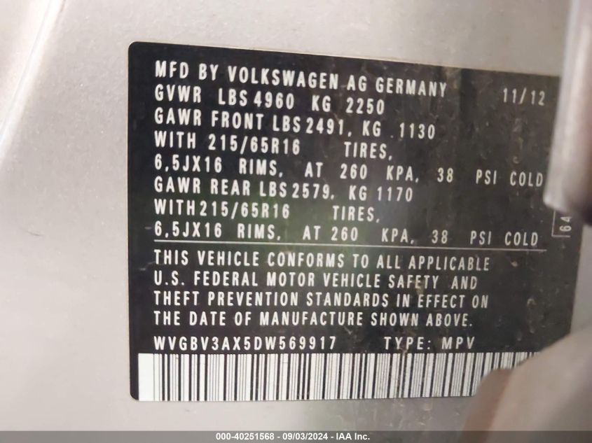 WVGBV3AX5DW569917 2013 Volkswagen Tiguan S