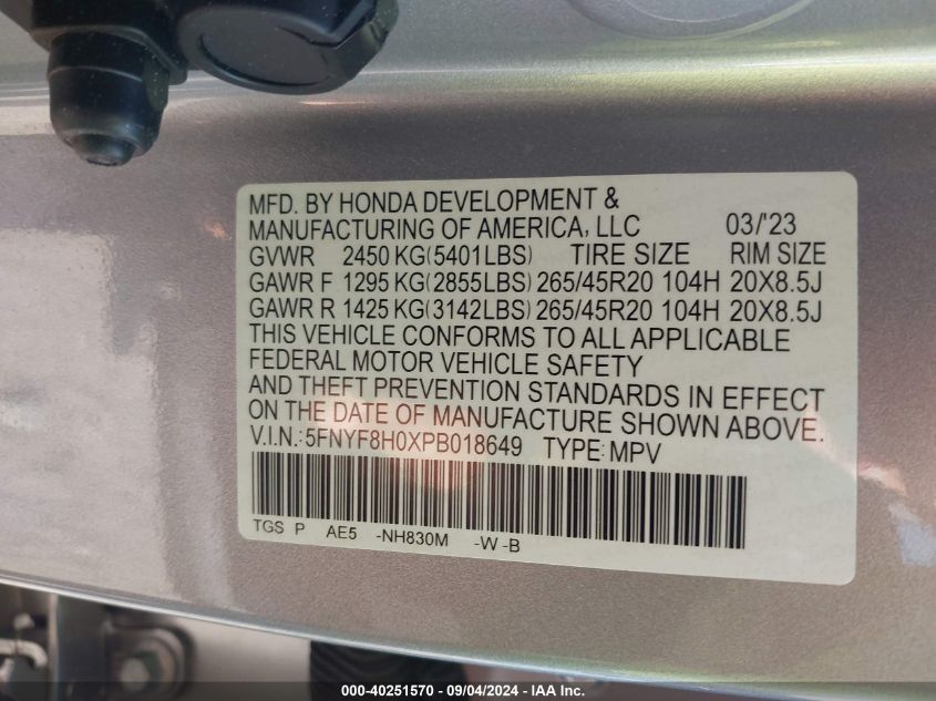 2023 Honda Passport Awd Elite VIN: 5FNYF8H0XPB018649 Lot: 40251570