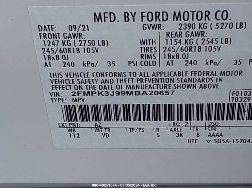 2021 Ford Edge Sel VIN: 2FMPK3J99MBA20657 Lot: 40251574