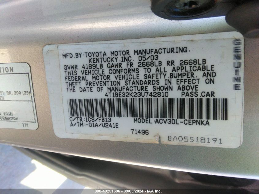 2003 Toyota Camry Le VIN: 4T1BE32K23U742810 Lot: 40251606