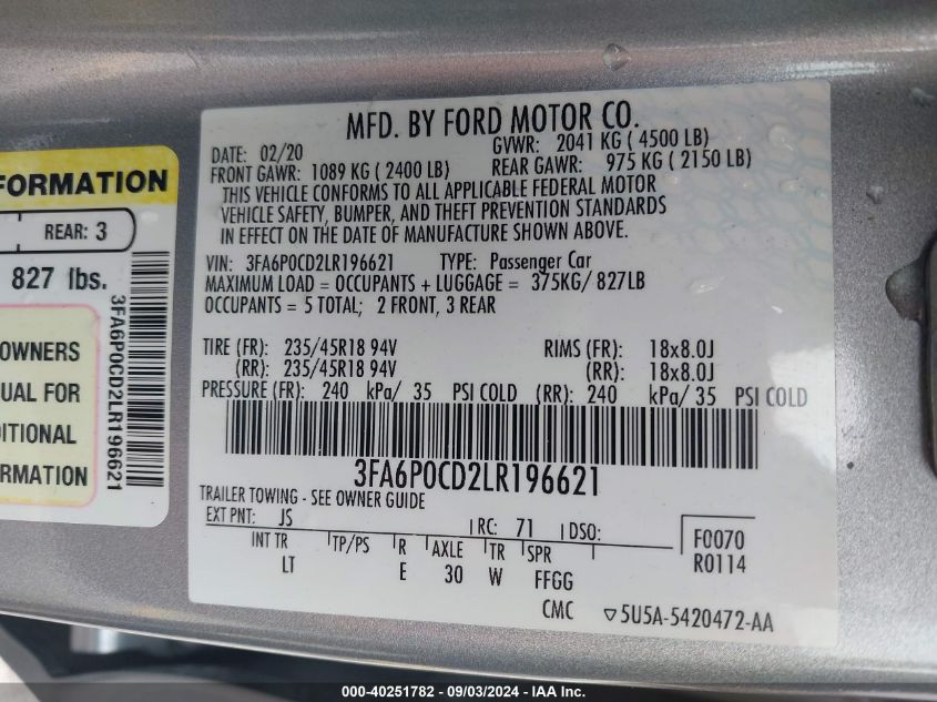 2020 Ford Fusion Sel VIN: 3FA6P0CD2LR196621 Lot: 40251782