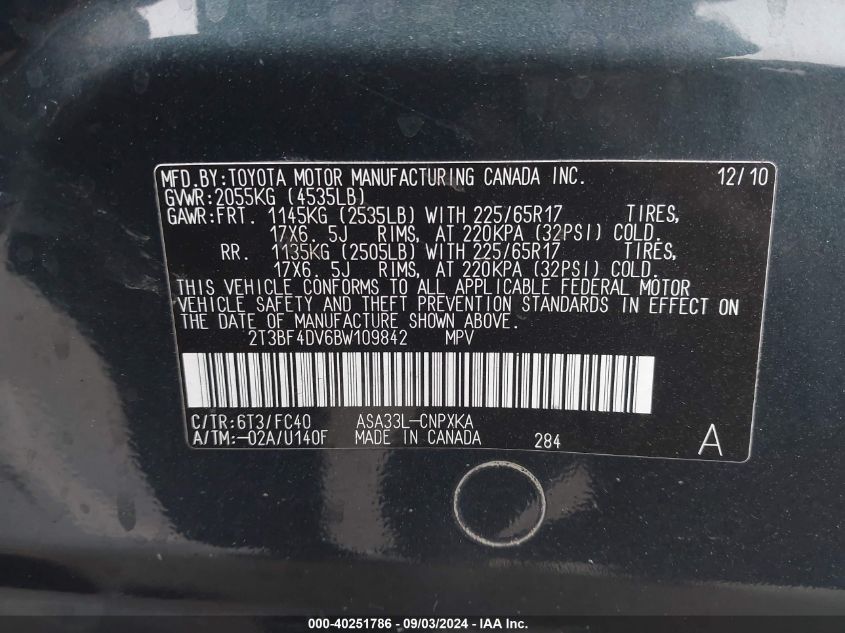 2011 Toyota Rav4 VIN: 2T3BF4DV6BW109842 Lot: 40251786