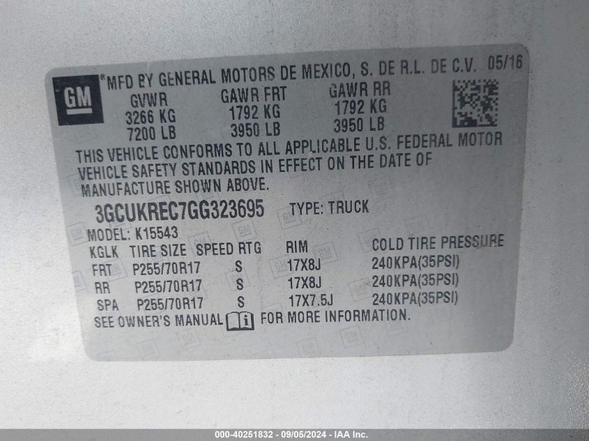 3GCUKREC7GG323695 2016 Chevrolet Silverado K1500 Lt