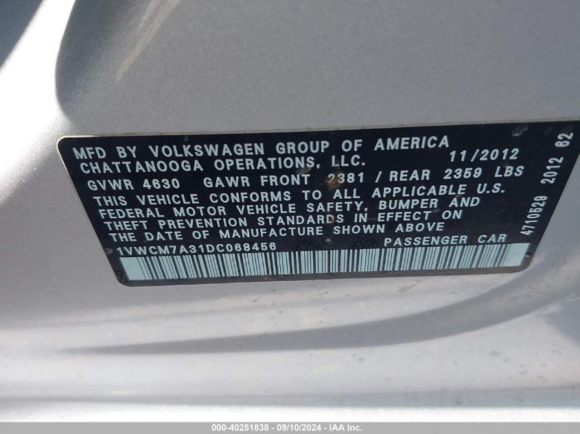 2013 VOLKSWAGEN PASSAT 3.6L V6 SEL PREMIUM - 1VWCM7A31DC068456
