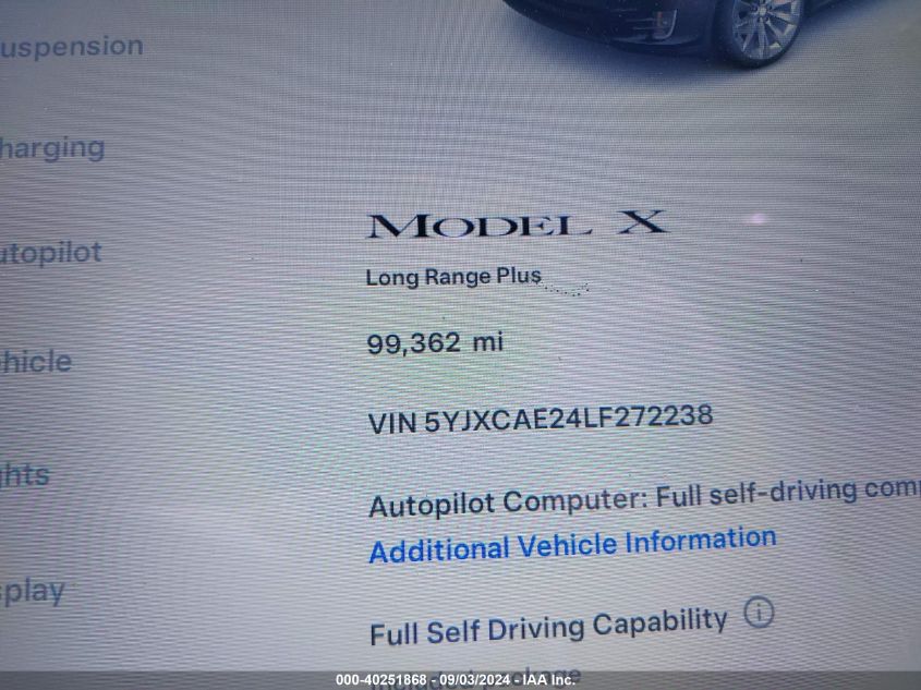 5YJXCAE24LF272238 2020 Tesla Model X Long Range Dual Motor All-Wheel Drive/Long Range Plus Dual Motor All-Wheel Drive