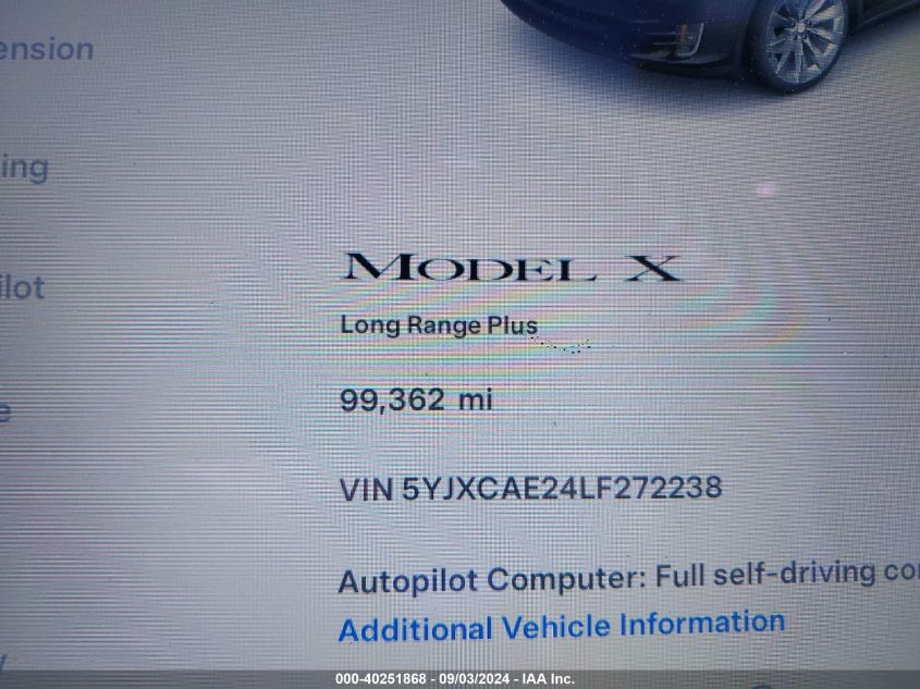 2020 Tesla Model X Long Range Dual Motor All-Wheel Drive/Long Range Plus Dual Motor All-Wheel Drive VIN: 5YJXCAE24LF272238 Lot: 40251868