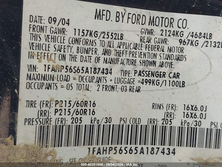 2005 Ford Taurus Sel VIN: 1FAHP56S65A187434 Lot: 40251886