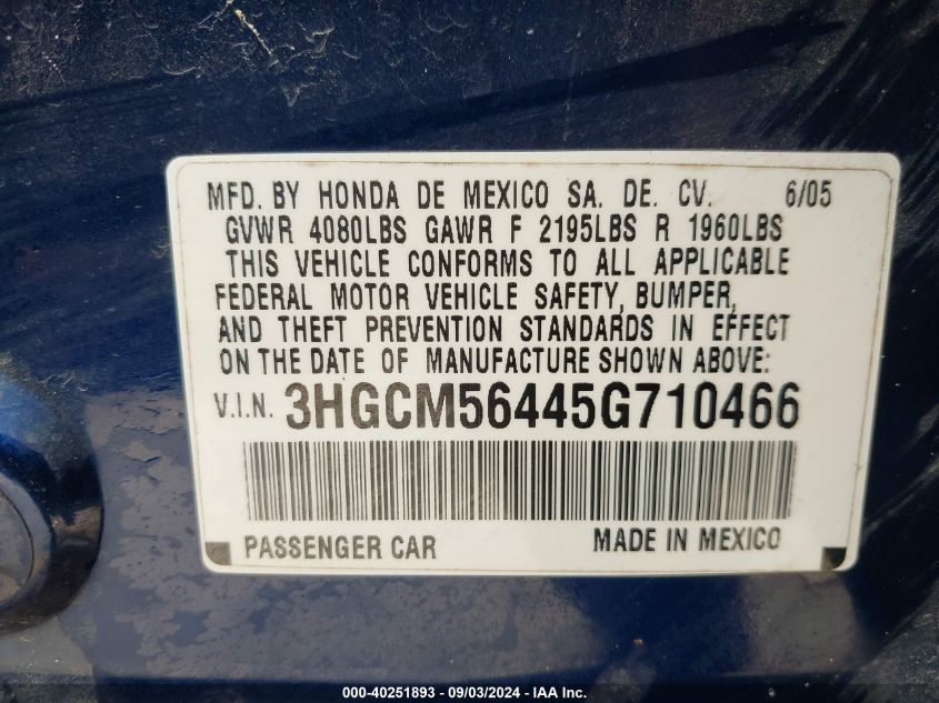 2005 Honda Accord 2.4 Lx VIN: 3HGCM56445G710466 Lot: 40251893