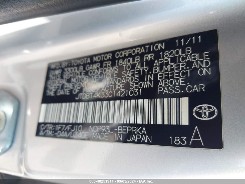 2012 Toyota Yaris VIN: JTDBT4K33C1421031 Lot: 40251911