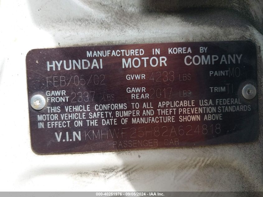 2002 Hyundai Sonata Gls VIN: KMHWF25H82A624818 Lot: 40251976