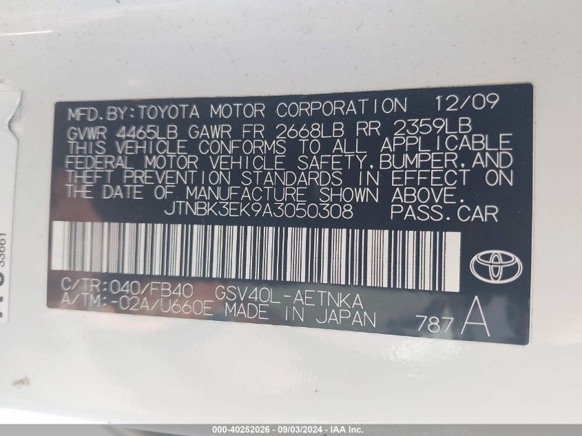 2010 Toyota Camry Le V6 VIN: JTNBK3EK9A3050308 Lot: 40252026