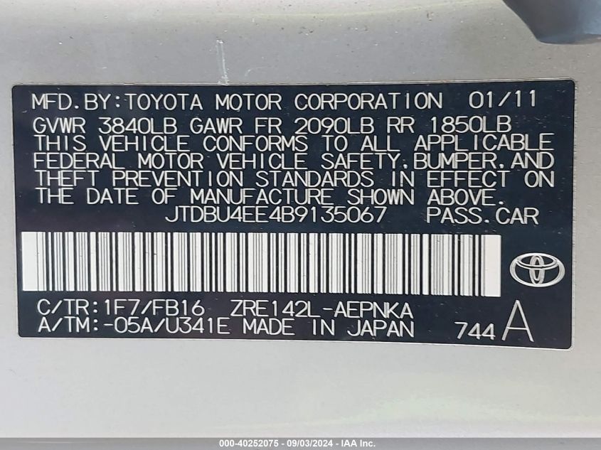 2011 Toyota Corolla Le VIN: JTDBU4EE4B9135067 Lot: 40252075