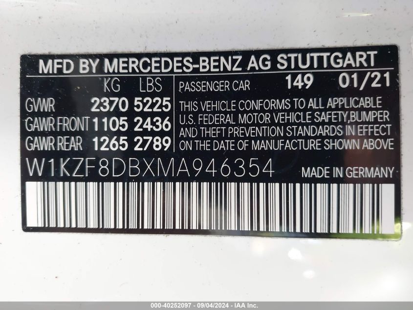 2021 Mercedes-Benz E 350 VIN: W1KZF8DBXMA946354 Lot: 40252097