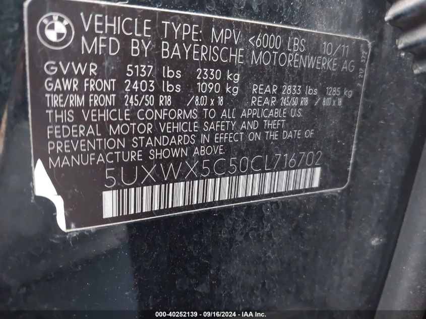 5UXWX5C50CL716702 2012 BMW X3 xDrive28I