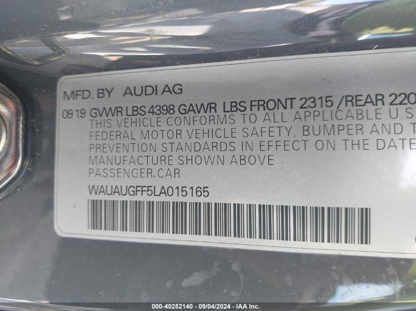 2020 Audi A3 Premium 40 Tfsi Front-Wheel Drive S Tronic VIN: WAUAUGFF5LA015165 Lot: 40252140