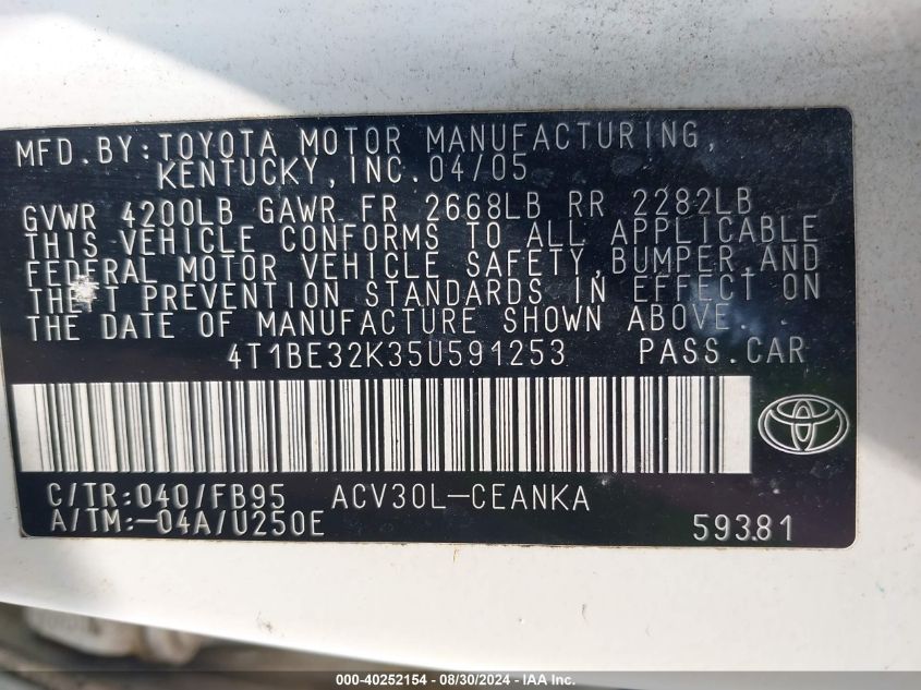 4T1BE32K35U591253 2005 Toyota Camry Le