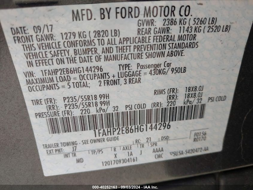 1FAHP2E86HG144296 2017 Ford Taurus Sel