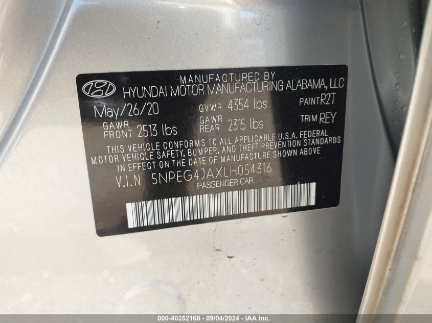 2020 Hyundai Sonata Se VIN: 5NPEG4JAXLH054316 Lot: 40252168