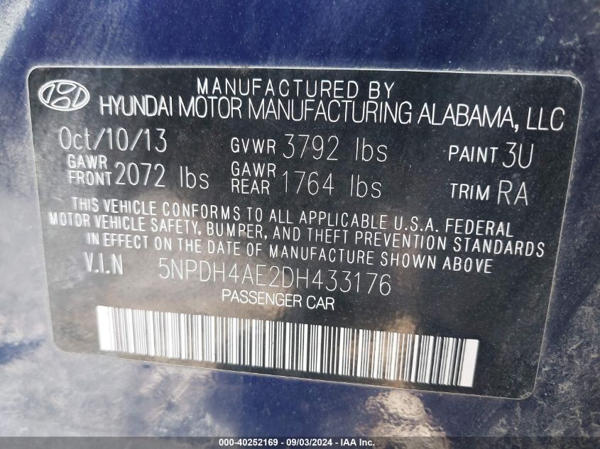 5NPDH4AE2DH433176 2013 Hyundai Elantra Gls