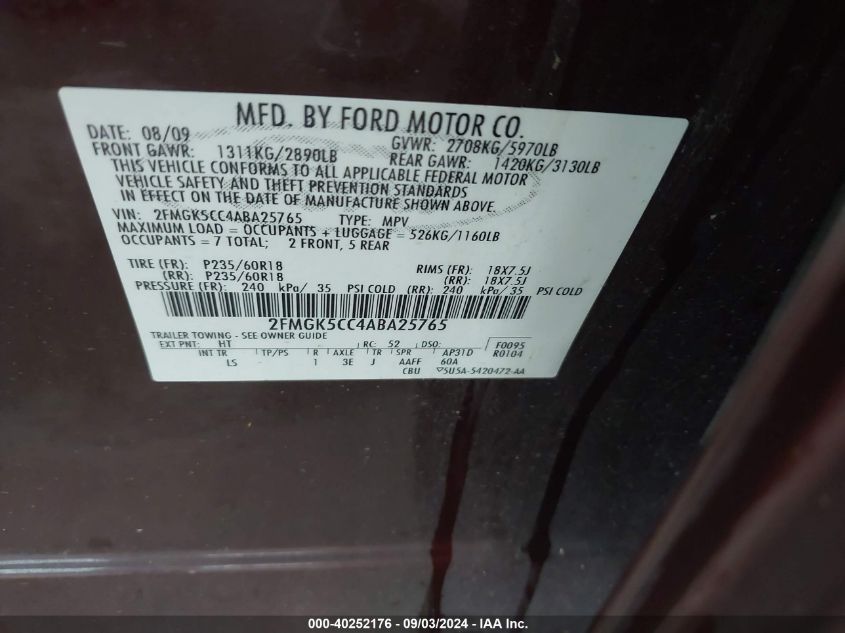 2FMGK5CC4ABA25765 2010 Ford Flex Sel