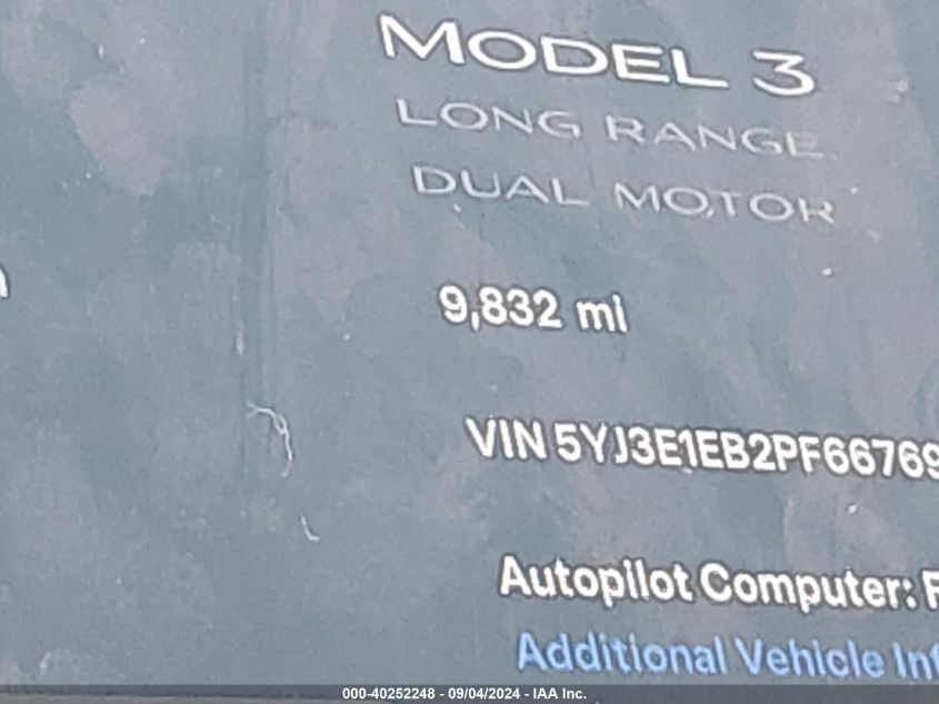 2023 Tesla Model 3 Long Range Dual Motor All-Wheel Drive VIN: 5YJ3E1EB2PF667694 Lot: 40252248