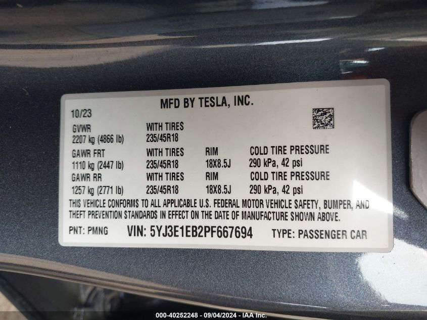 2023 Tesla Model 3 Long Range Dual Motor All-Wheel Drive VIN: 5YJ3E1EB2PF667694 Lot: 40252248