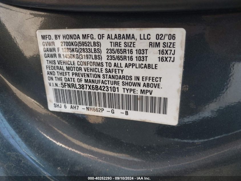 2006 Honda Odyssey Ex-L VIN: 5FNRL387X6B423101 Lot: 40252293